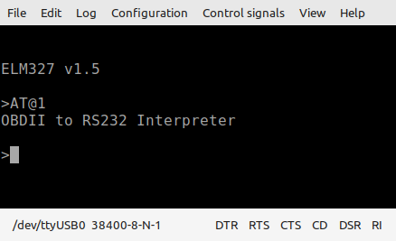 Screen capture of serial terminal showing ELM327 messages