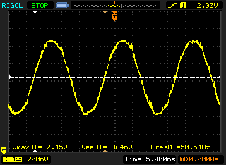 A screen-shot of a digital osciliscope showing a 50Hz sine wave signal.